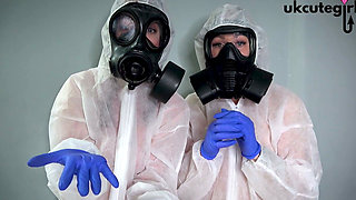 Gas Mask Nurses Give Hands-on Latex Glove Medical Treatment