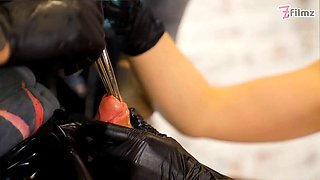 Trio aggressive latex princesses destroy tattooed sub with deep sounding & urethral masturbating