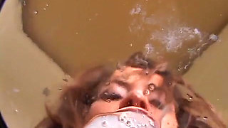 Brunette skank with a tattoo gets spitroasted by two lucky guys with big dicks