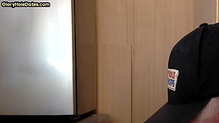 Gloryhole gay loves sucking stiff cock while stroking it