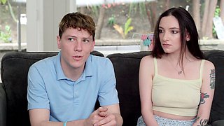 Two cute girls, Tiffany Fox and Leia Rae, are having fun with a guy in the bedroom.