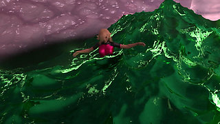 Giant woman eats swimmer