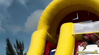Lusty angels Bella Beyle and Rio have outdoor sex with big cocks