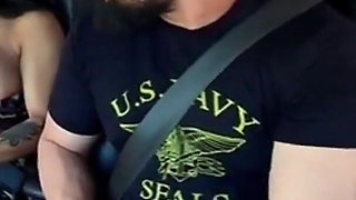 Traffic Blowjob: Exhibitionist Brunette Shows Her Tits and Sucks It All in the Car