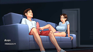 Debbie gives Anon's huge monster cock a surprise footjob - summertime saga gameplay