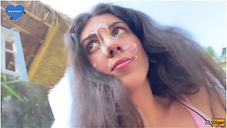 Katty West - Cute Girl Eating Burger With Cum On Her Face In Public Cafe