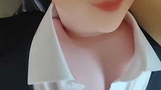 Hot asian girl with hairy pussy fucks with a sex doll and rides its cock