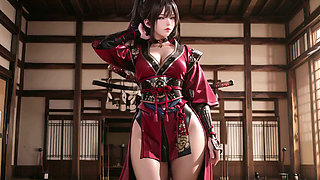 Crimson Samurai! Red-haired warrior kneeling in the sun, transitioning from silent grace to explosive sword strikes.