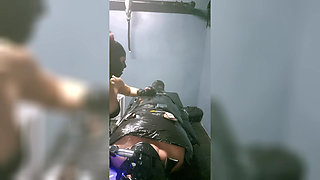 The Slave Suffers with a Breathing Mask During Hard Dilation.