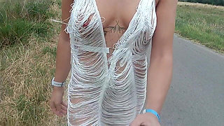 Flashing in Public While Walking Around in a See-through Dress