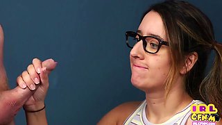 Amateur Porn 21yo CFNM gal with glasses suck n jerks penis 4