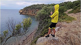 Close Up Pee From Rocky Clifs Before Going To Cold Scandinavian Beach