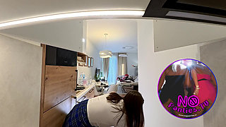 All Natural Big Tits Big Ass Hottest Brunette Babe in the Kitchen with a Short College Uniform Skirt Flashes Panties and Pussy