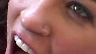 One of the Threesome Guys Released a Cumshot on Her High Heels She Licked Clean