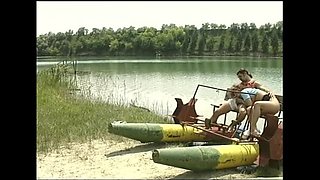 Pretty German dolls share stiff rod in outdoor anal threesome