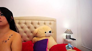 Busty curly brunette with big boobs fucks on couch