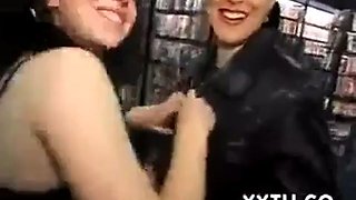 Guy films his sexy wife sharing his big cock with her girlfriends as they suck him off in sex store: Porn
