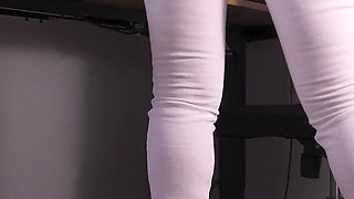 Coworker Teases Ass in White Jeans and Takes Them off