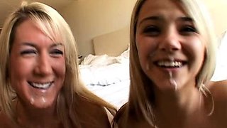 Two blonde teens in threesome at the pool