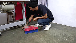 Pumping Sewing Machine Pedal Into Underwear While A Man Repairs It