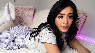 Brunette with foot fetish rubs big dick with her feet in POV
