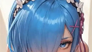IA Rem (Re:Zero) gives a footjob, gets a cumshot on her feet, rides cowgirl-style, and finishes with a blowjob and a facial