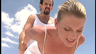 Excellent blonde lady in white gets dick in her tight asshole