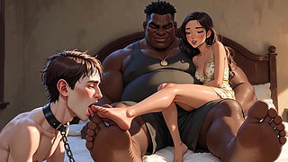 Foot Slave Husband Cleans Wife's Feet with His Tongue - Femdom