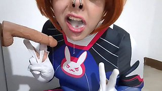 Fermerino as D.Va in Steamy Cosplay Performs BDSM Nosehook Restraint During Deepthroat B