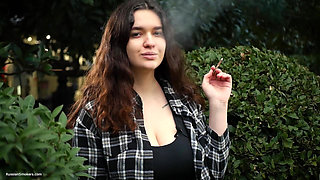 Sweet and Busty Russian Babe Smoking Cigarette in Nature