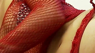 Dirty brunette in fishnets gets banged by a dick through a glory hole after sucking it