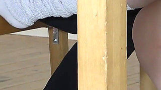 Teacher Caught in College Girl’s Trap, She Touches Dick with Foot Under the Desk and Shows Him Panties, Turning Him Into Her Pet
