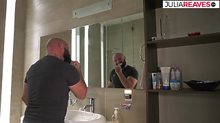 hottie sucks cum off dick after a hard ride in the bathroom