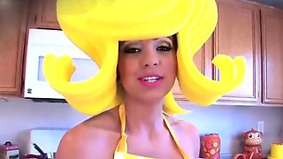 A gal adult in a yellow costume fetish solo