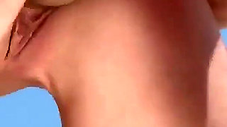 Sex-experienced woman a whore with minimal boobs and brown hair likes to get horny and pleasured on a beach