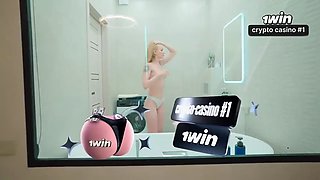 Peeped stepsisters shower blowjob, jizz swallow!