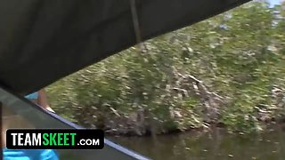 This lady sucks - petite teenage unclothes off her dress and sucks on her guy friend\u2019s shaft by the dock