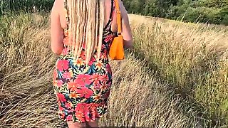 Horny girl with nice ass cheats on her boyfriend during our walk in the countryside