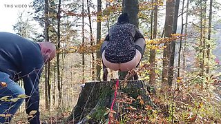 Desperate Teen Slut Leashed Outdoor Pissing and Anal with Mature Lesbian