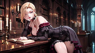 Blonde in a Black Gown Swaying on Red Velvet, Candlelight Gaze and Fan Teasing the Collarbone