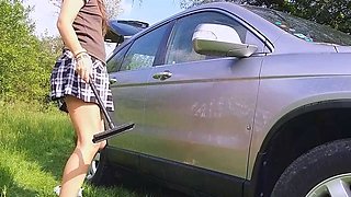 Car Wash Upskirt, No Panties - Public Flashing