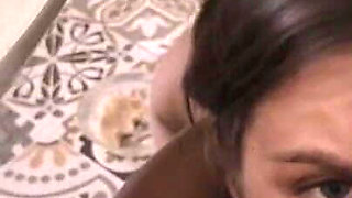 Bowl on the Floor. Tail up She Eats, Serves & Swallows