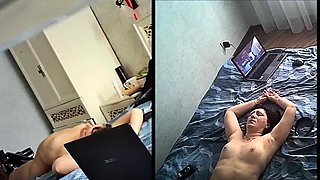 Her fucking with a sex machine is filmed by two ca