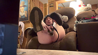 Transvestite Dildo Fuck On Sofa Edge!!!