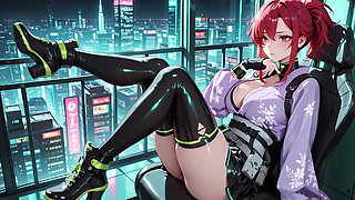 Ai-purple Kimono Seduction in the Neon Train Car, Fingertips Touching Collar, a Gaze That Drenches You!