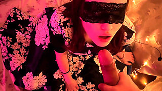 Holiday New Year blowjob from a beautiful woman in a mask and dress