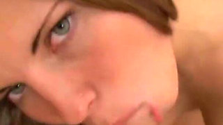 Pretty brunette gets her mouth full of cum after getting pounded