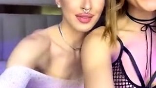 Two pretty teen babes lesbian action with a magic wand