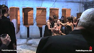 Bound slut rough fucked in public