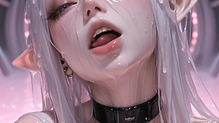 White haired elf in slime, kissing and licking